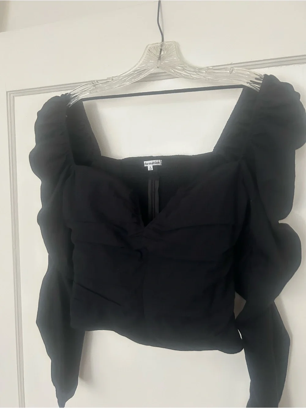 Reformation Black Square Neck Puff Sleeve Crop Top